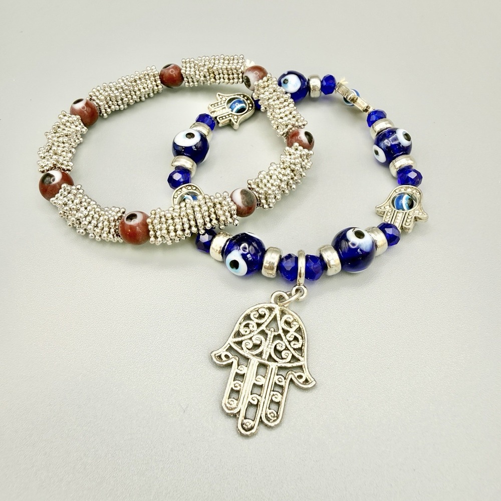 Evil Eye & Hamsa Hand Stretch Bracelets Set Silver Tone Cobalt Glass Beads Stack